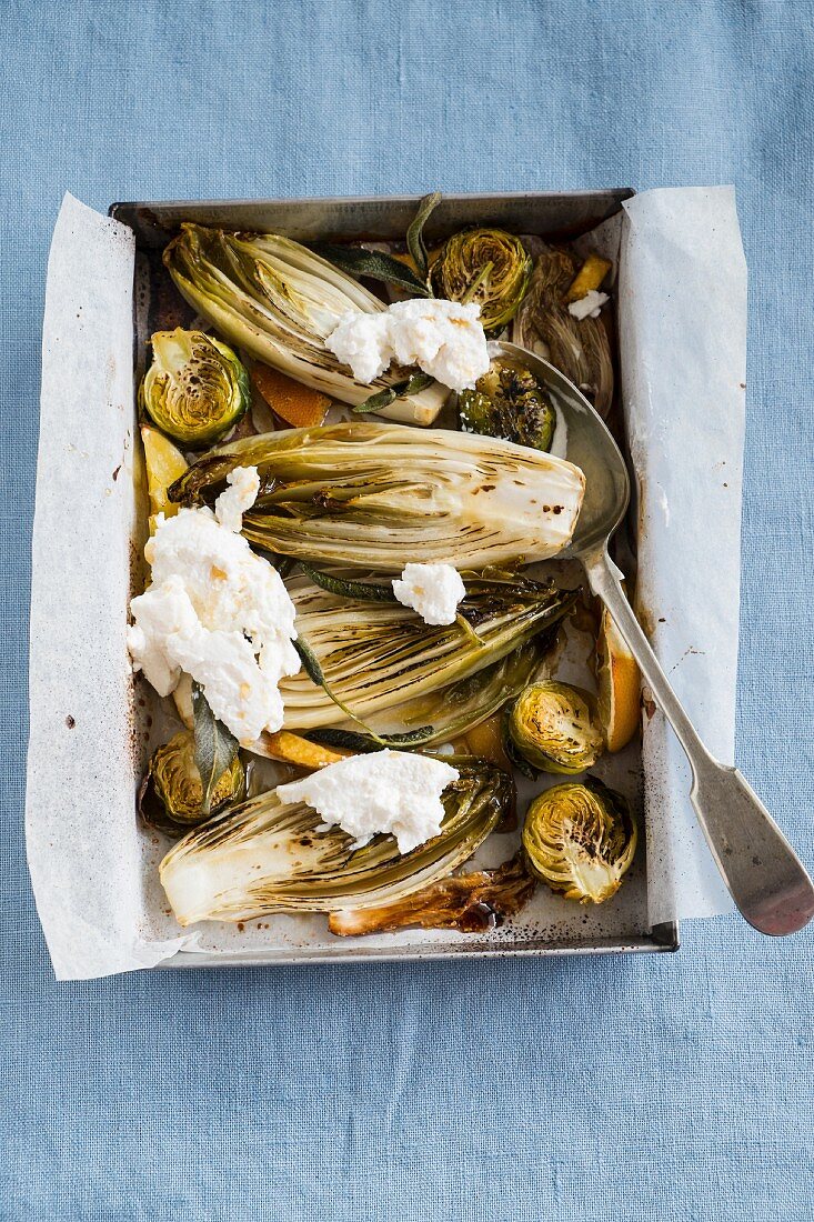 Chicorée und Rosenkohl mit Labneh aus dem Ofen