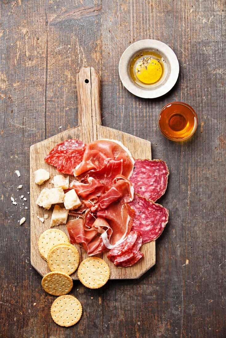 Chopping board of Assorted Cured Meats, Cheese and Honey