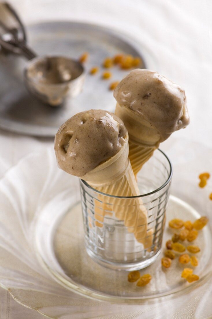 Vegan banana ice cream garnished with sultanas