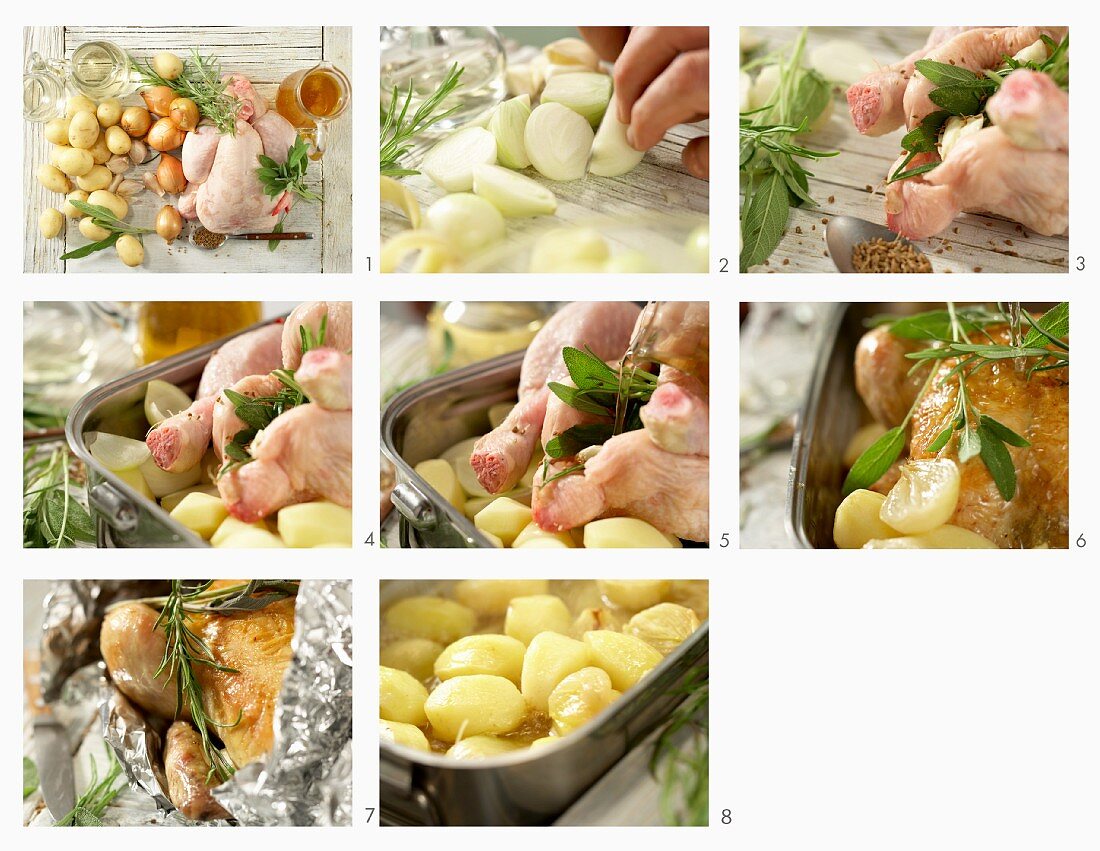 Geschmortes Anishähnchen mit Kartoffeln, Zwiebeln und Knoblauch zubereiten