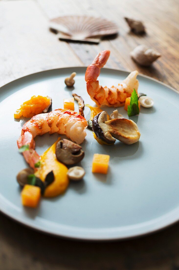 Wild prawns with pumpkin and mushrooms served at the 'Jellyfish' restaurant in Hamburg, Germany