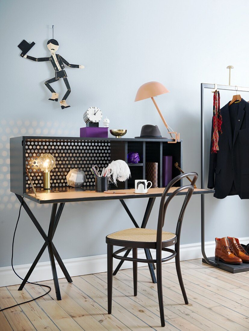 Desk, bentwood chair, men's clothing and purple accents