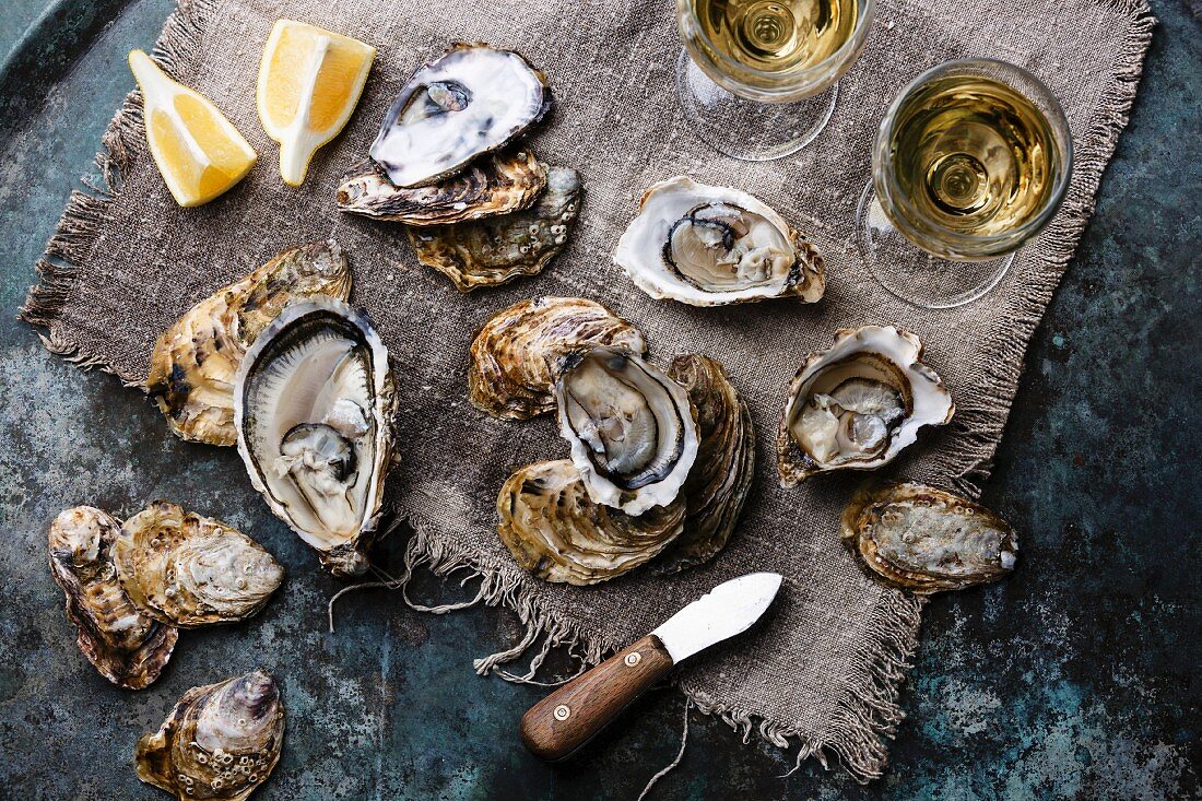 Open Oysters Fines de Claire with lemon and wine