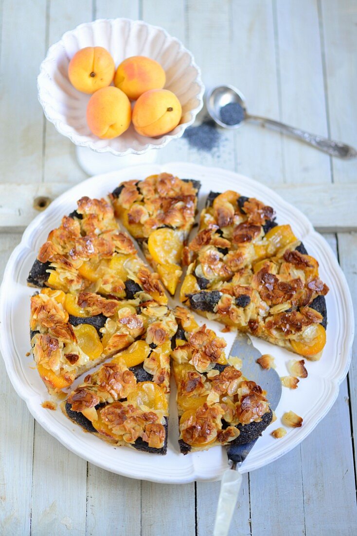 Apricot and poppy seed tart, sliced