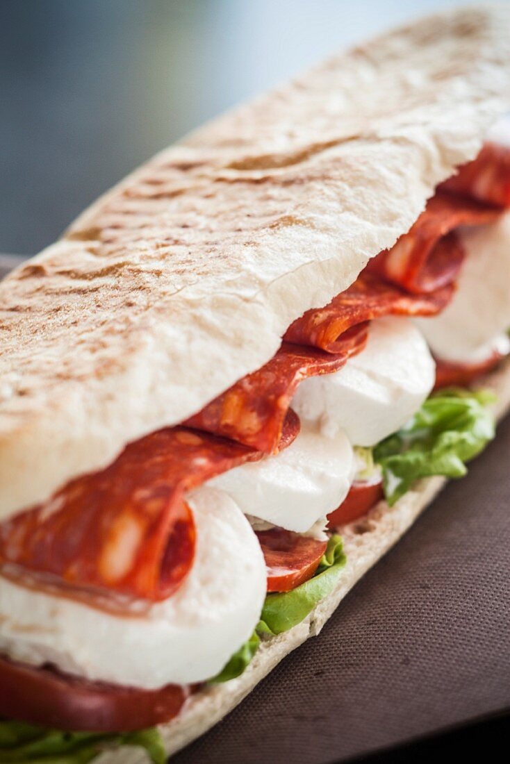 A sandwich with mozzarella, spicy salami, lettuce and tomatoes
