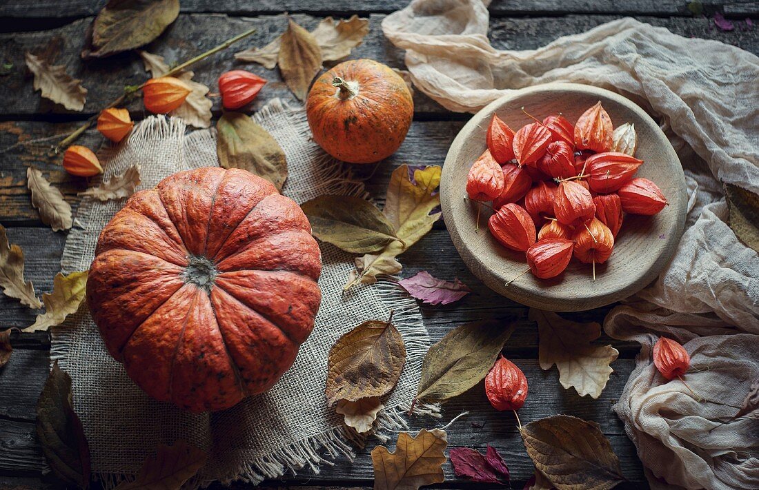 Kürbisse und Herbstlaub auf Holztisch