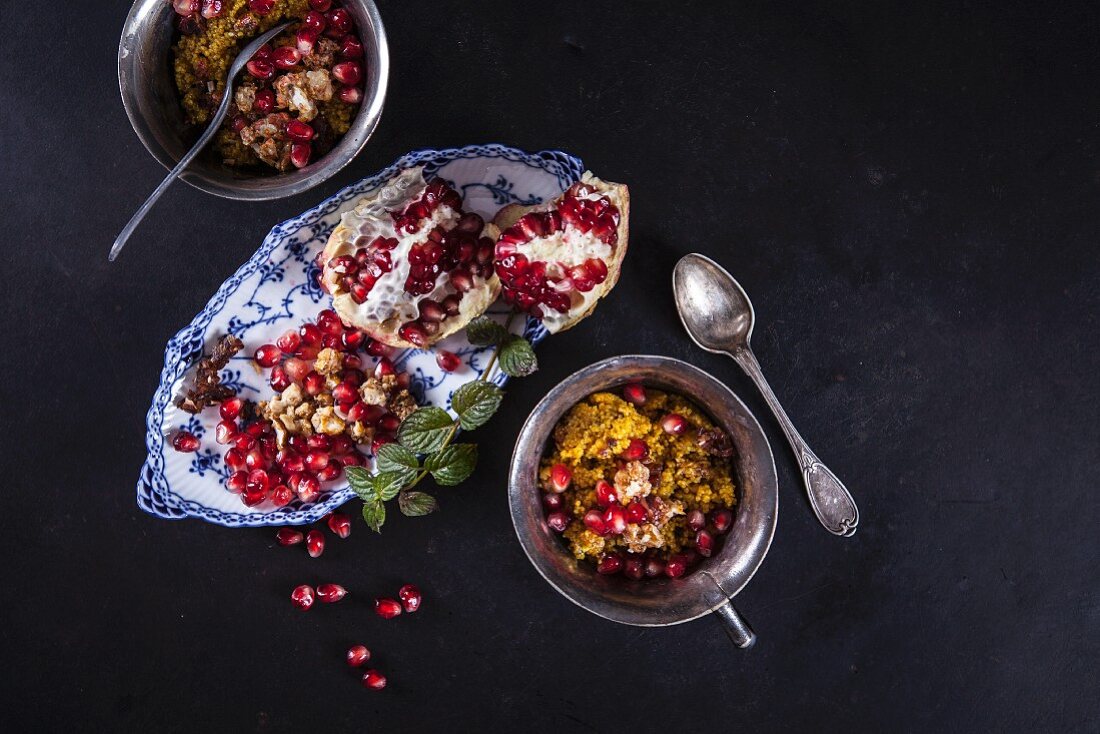 Couscous with crunchy nuts and pomegranate
