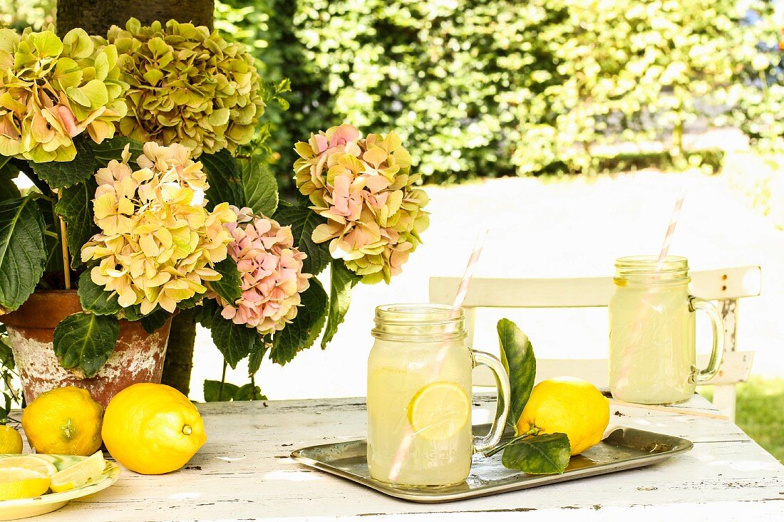 Zitronenlimonade auf Gartentisch