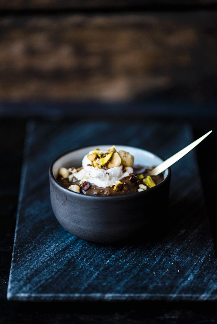 Vegan chocolate mousse with dukkah (a blend of nuts and spices)