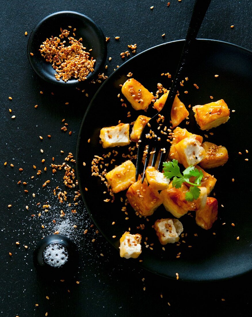 Fried tofu cubes with sesame