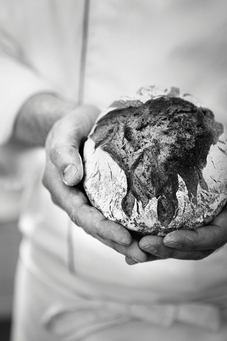 Bäcker hält kleinen Brotlaib in den Händen