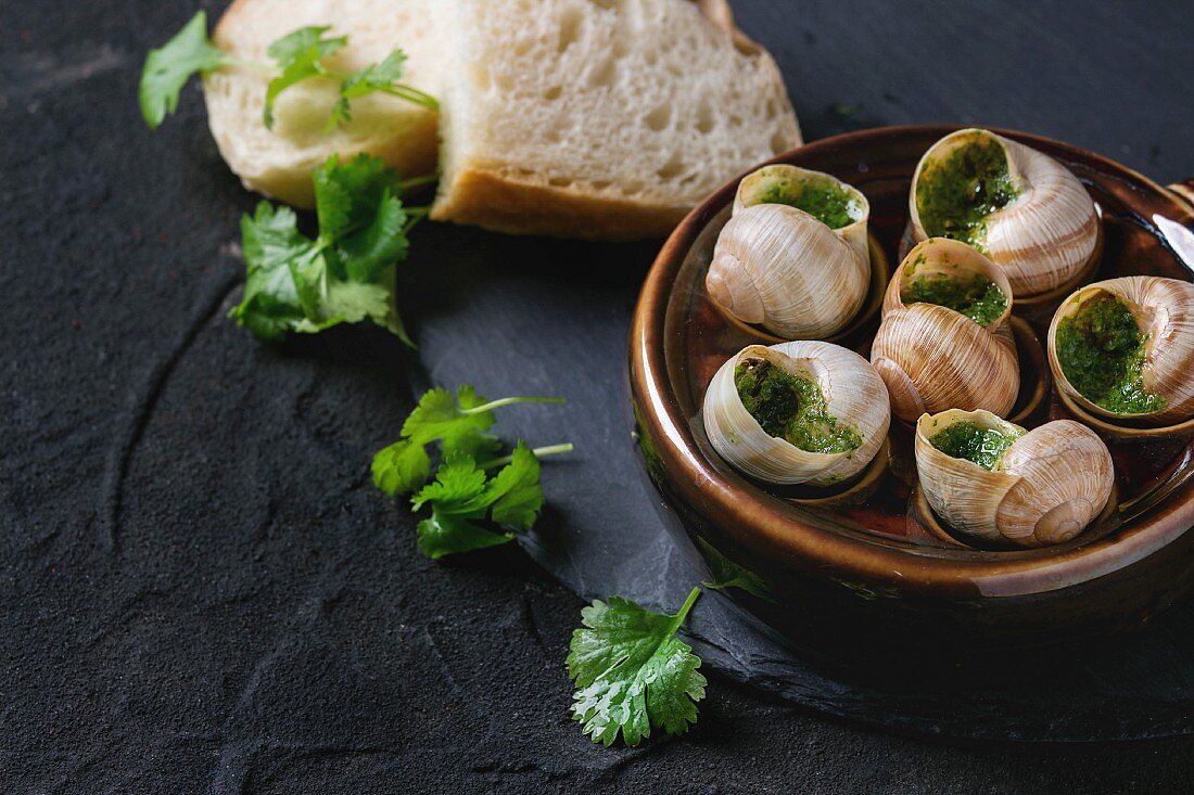 Escargots de Bourgogne - Snails with herbs butter, gourmet dish with parsley and bread