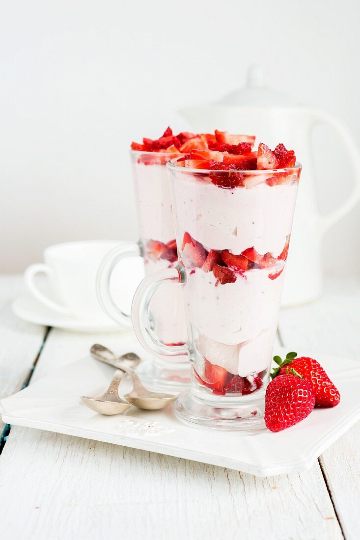 Strawberry and quark dessert in glasses