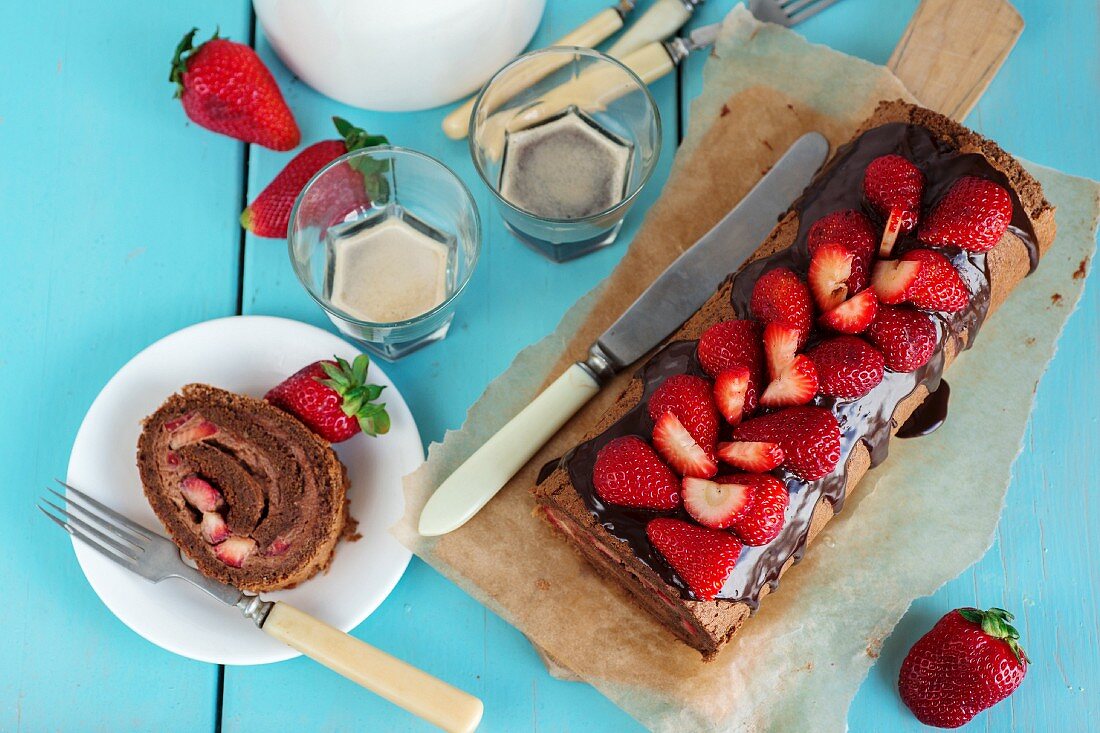 Chocolate Swiss roll with strawberries