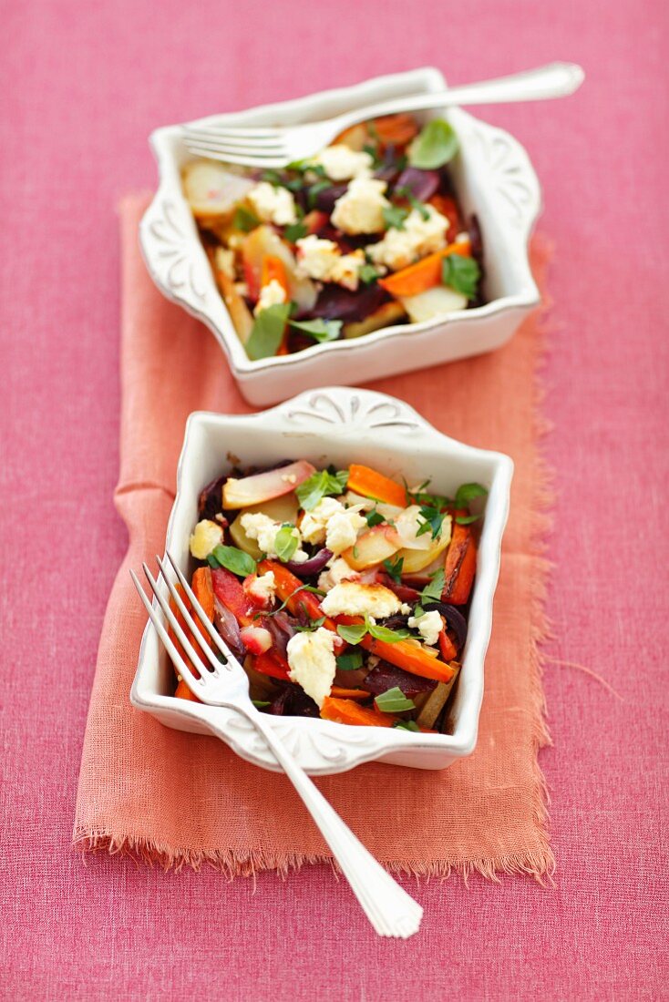 Oven-baked vegetables (beetroot, potato, carrot) baked with feta