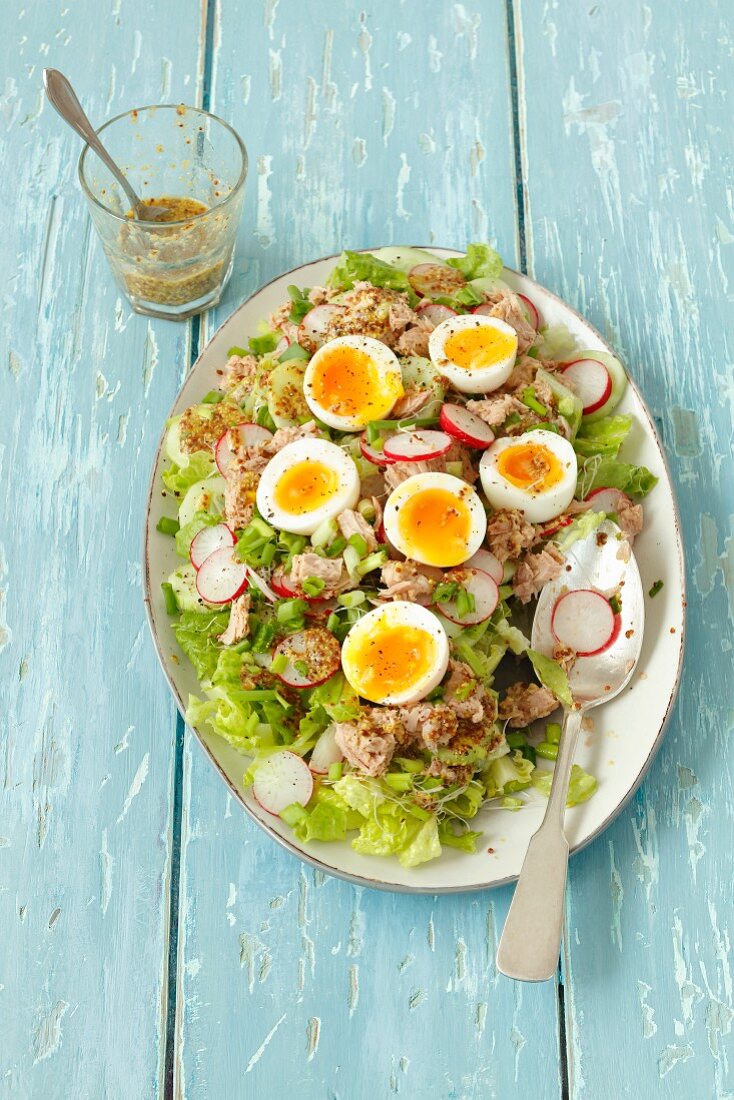 Salat mit Thunfisch, Ei, Gurke und Radieschen
