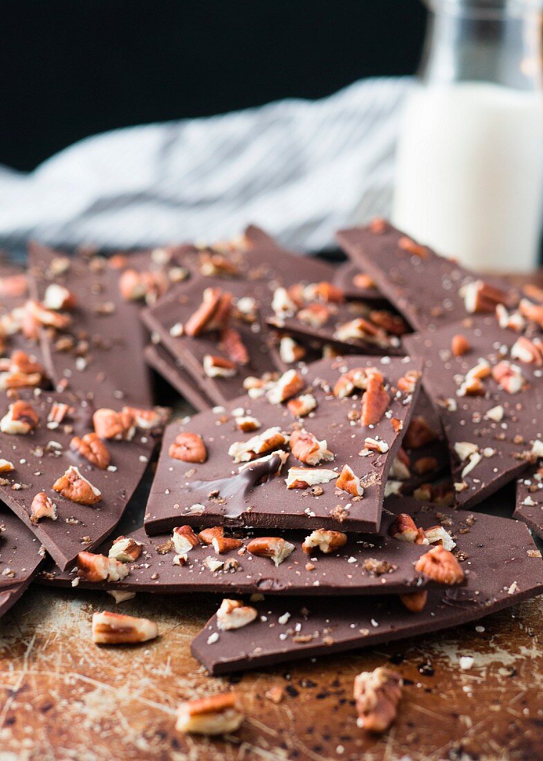 Chocolate and pecan bark and a bottle of milk