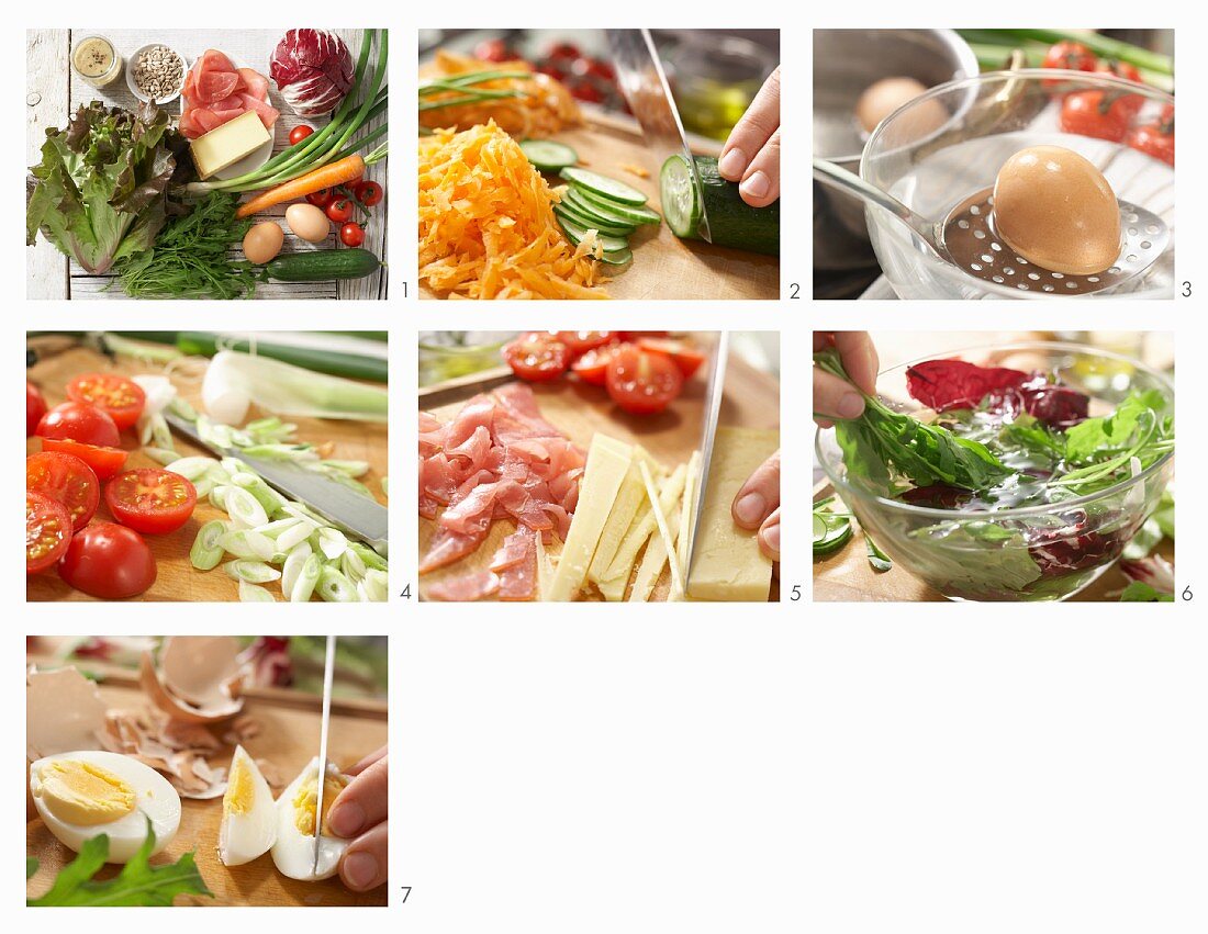 How to make a mixed salad with cheese, ham and egg