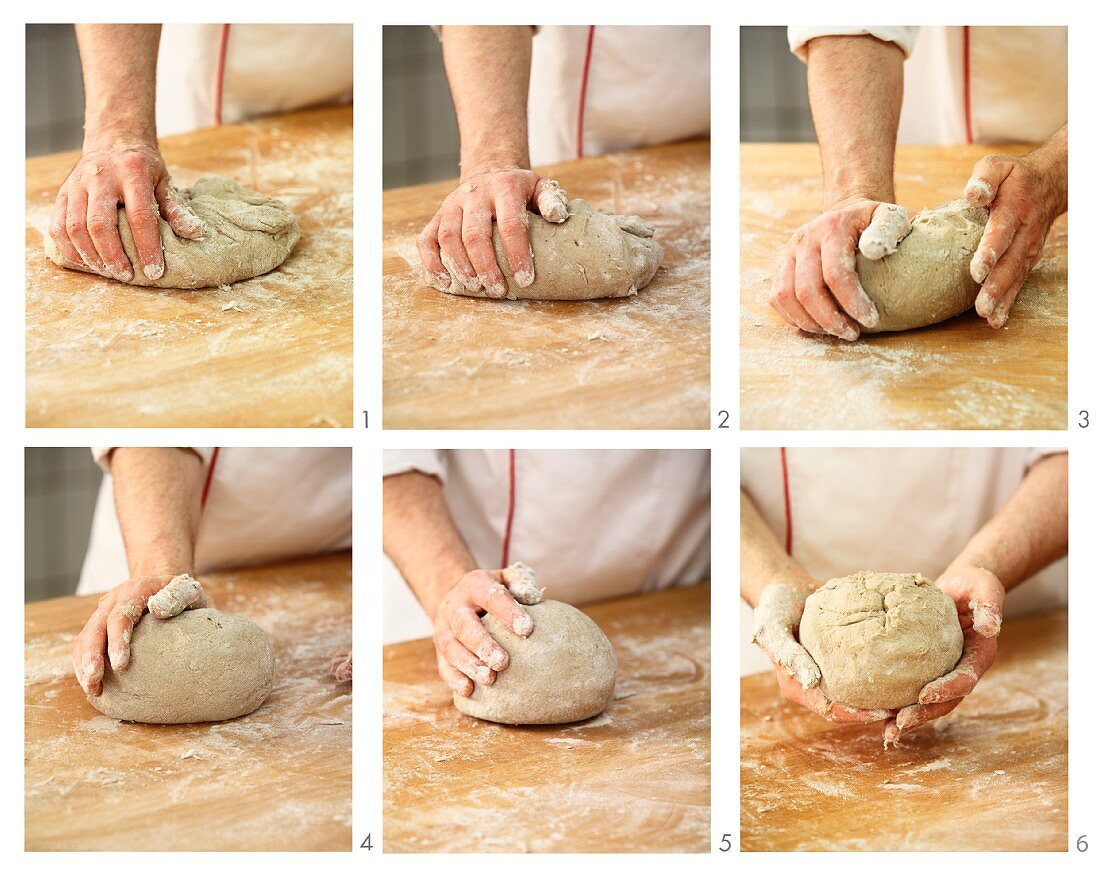 Dough being shaped into a round ball