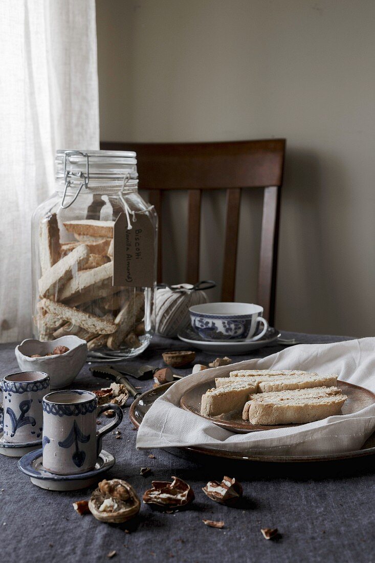 Biscotti biscuits and tea, table setting