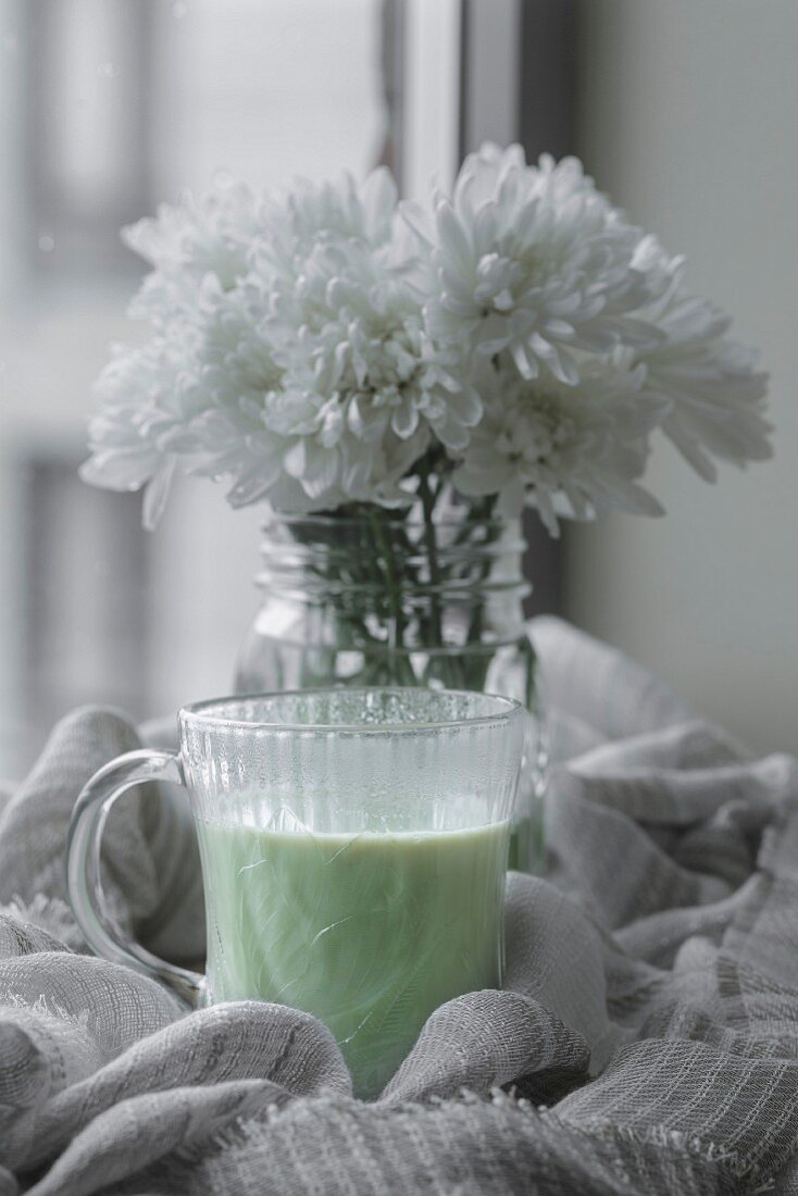 Matcha Latte and flowers