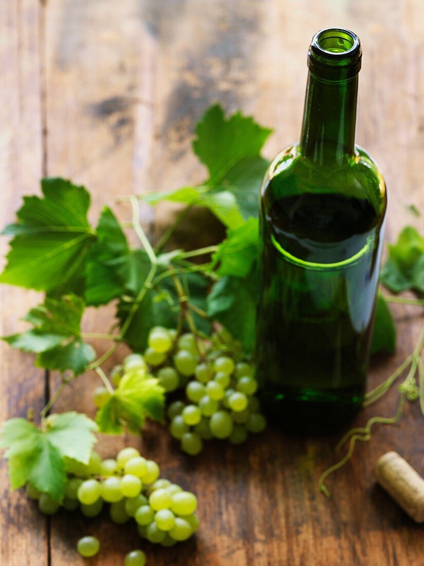 Weintrauben mit Weinflasche
