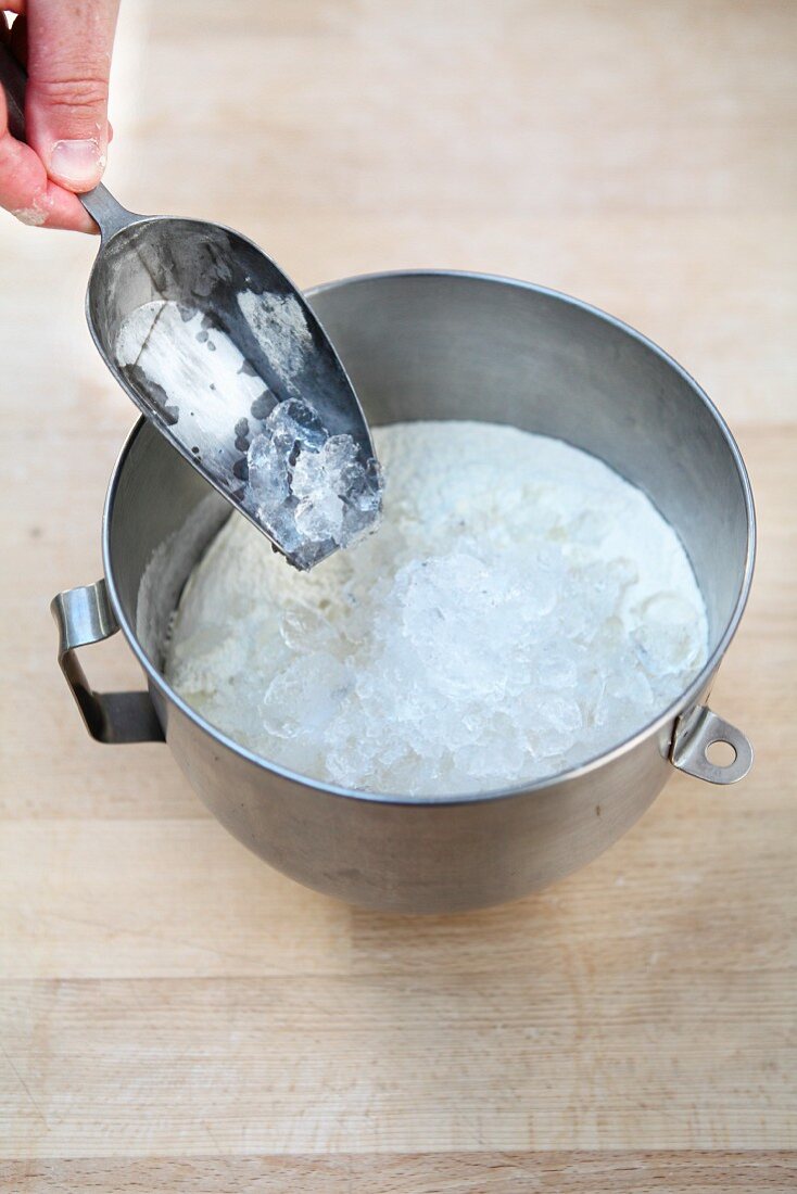 Crushed ice to cool liquids when baking bread