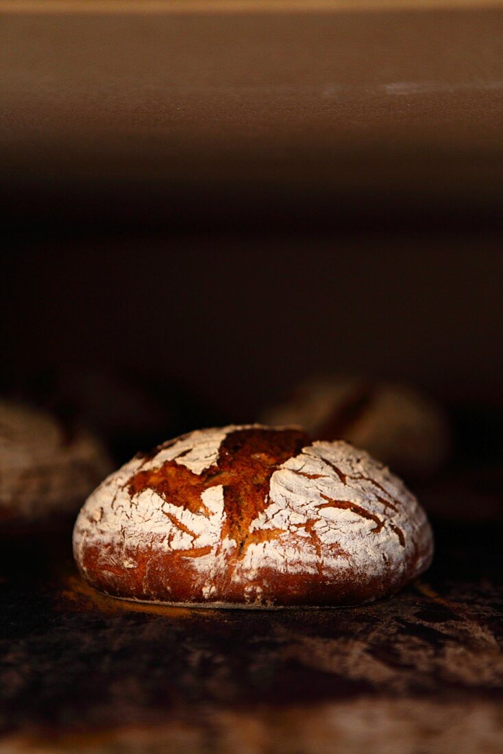 A loaf of rye-wheat bread in the oven - the bread has been baked until sufficiently brown and is ready