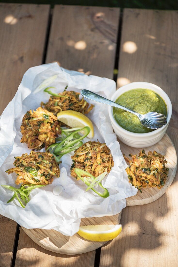 Courgette pakoras with green chutney