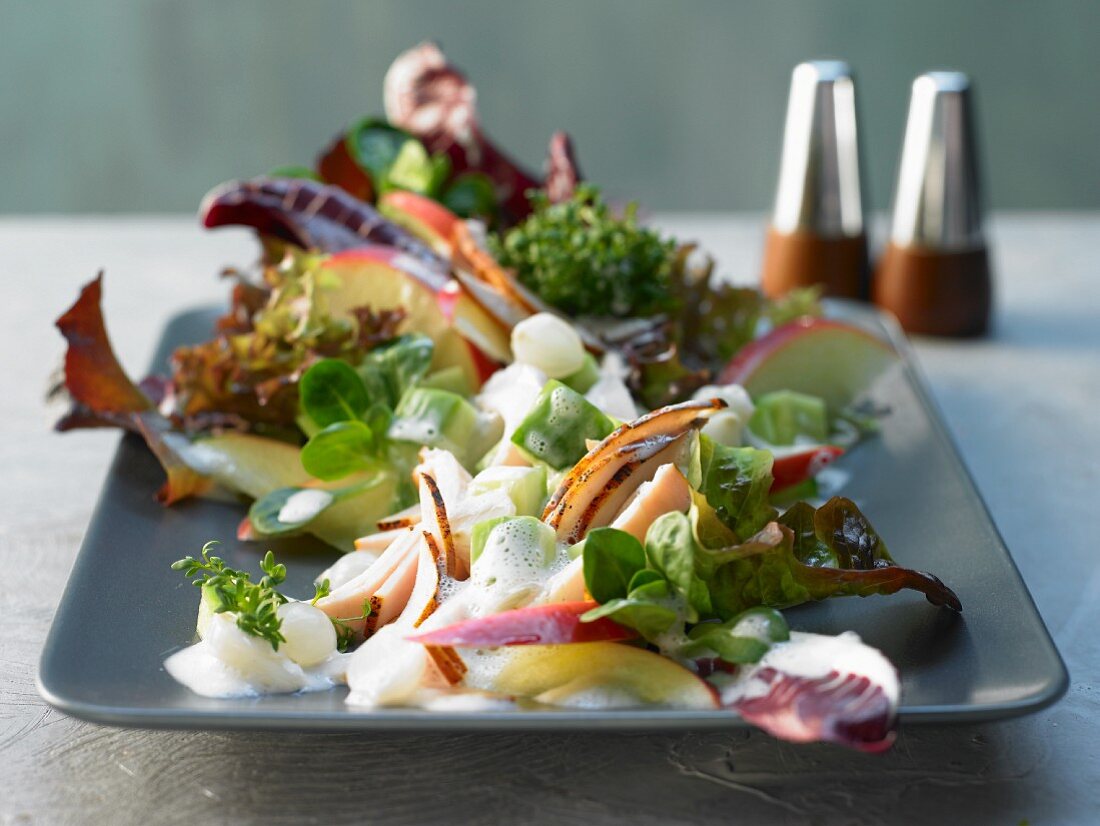 Gemischter Salat mit Apfel, Gurke und Hähnchenbrust in Meerrettich-Dressing