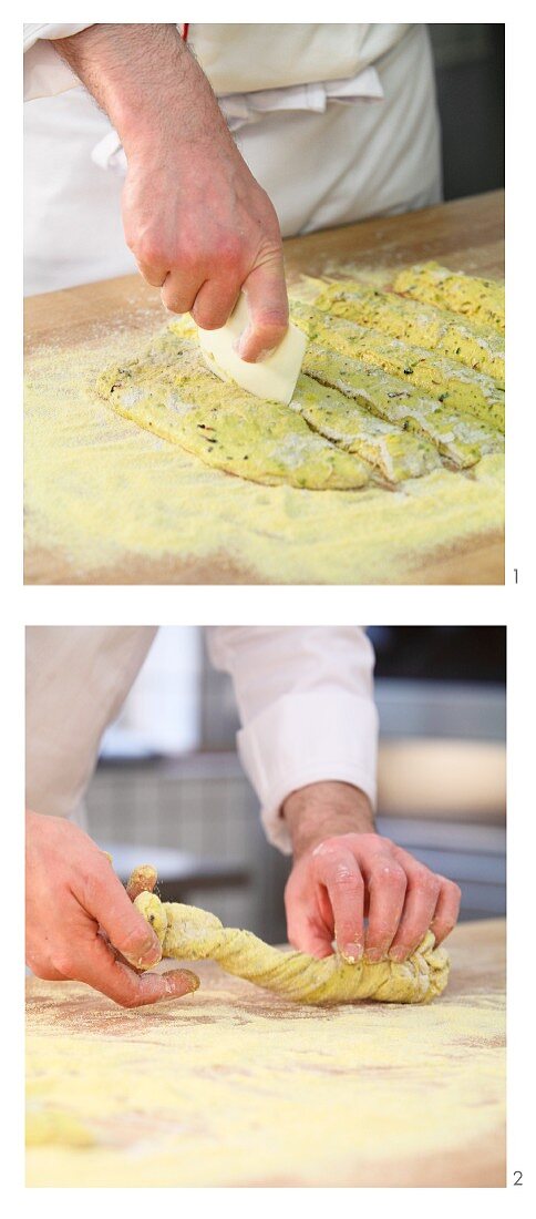 Turmeric bread rings with shoots being shaped