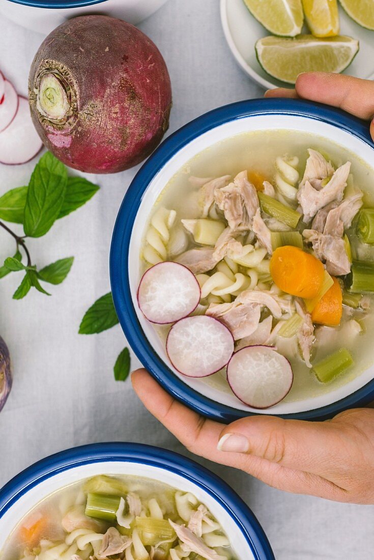 Hände halten Schüssel Hühnersuppe mit Nudeln, Lauch und Karotten