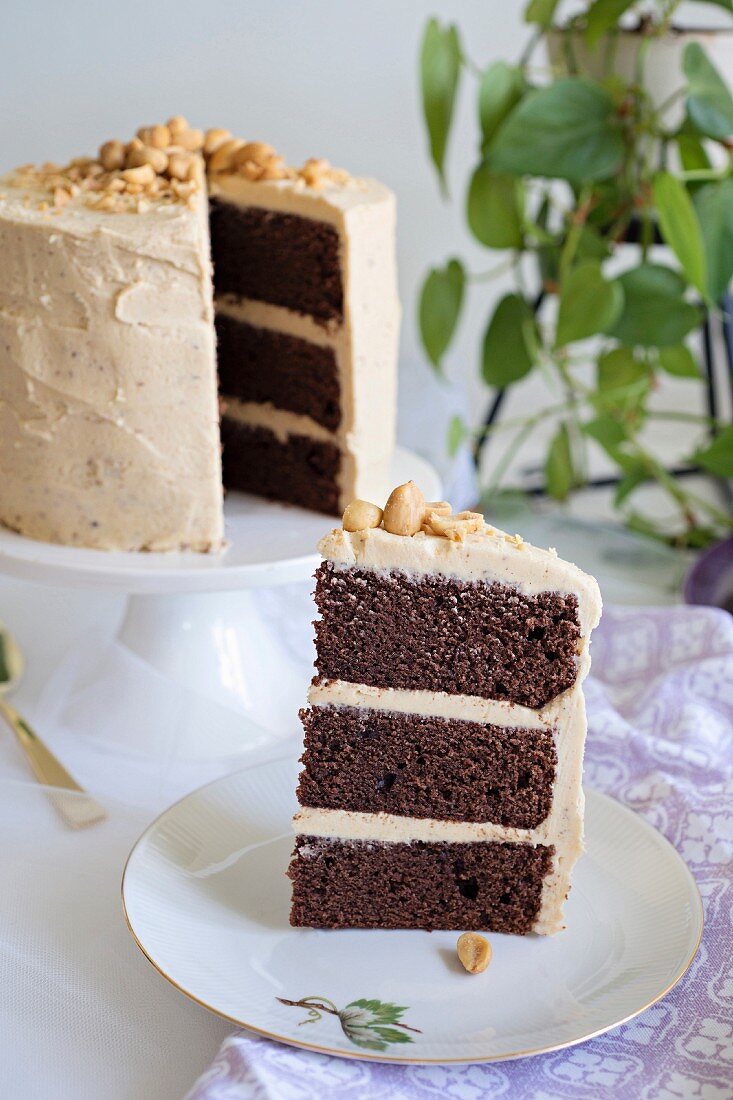 Chocolate and peanut cake, sliced