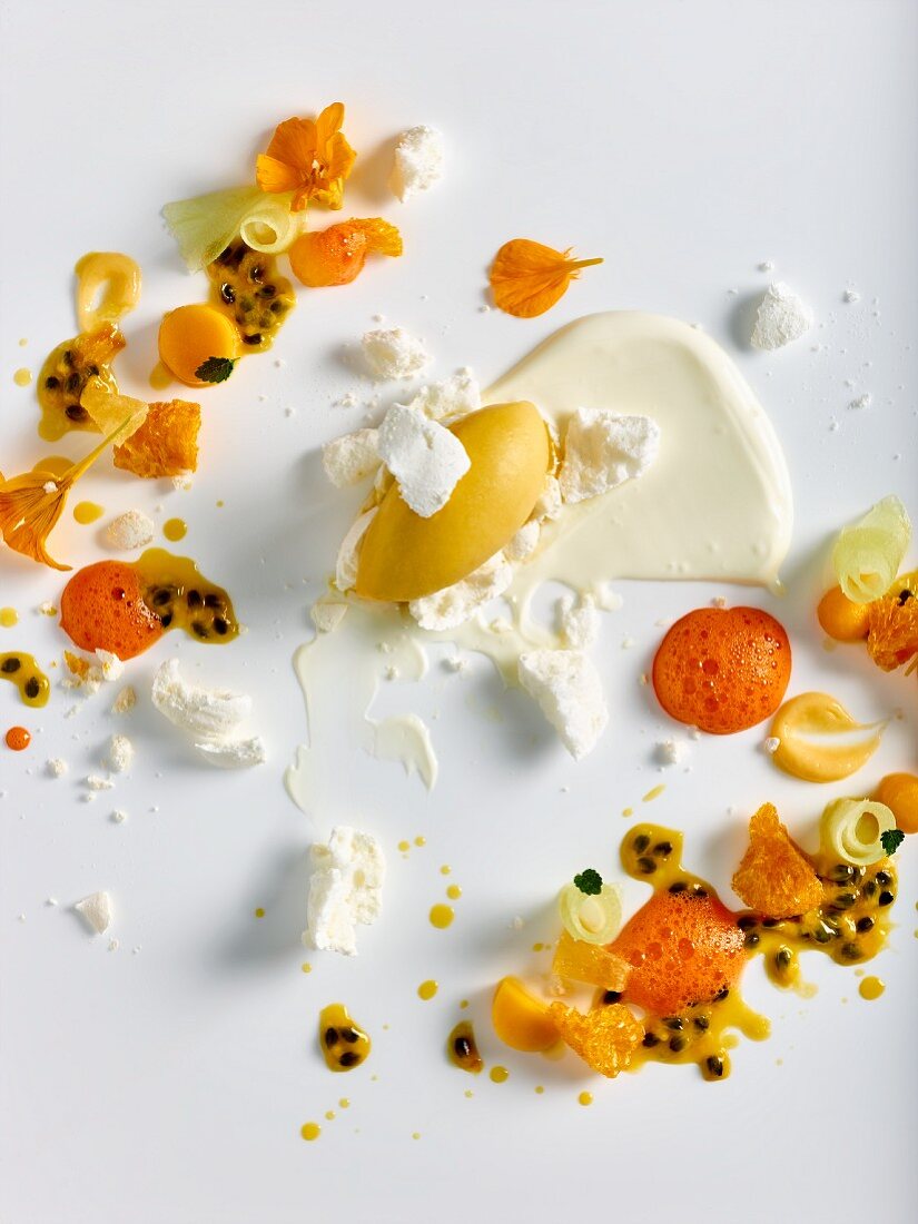 Vanilla cream passionfruit meringue carrot foam