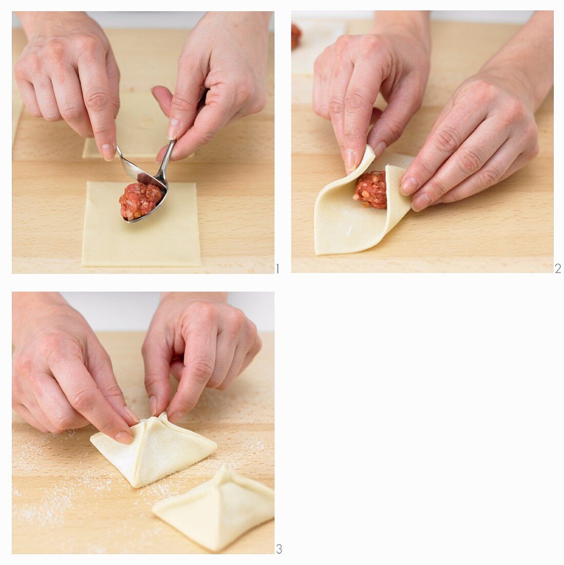 Prepare manti (pastry pockets filled with minced meat, Turkey)