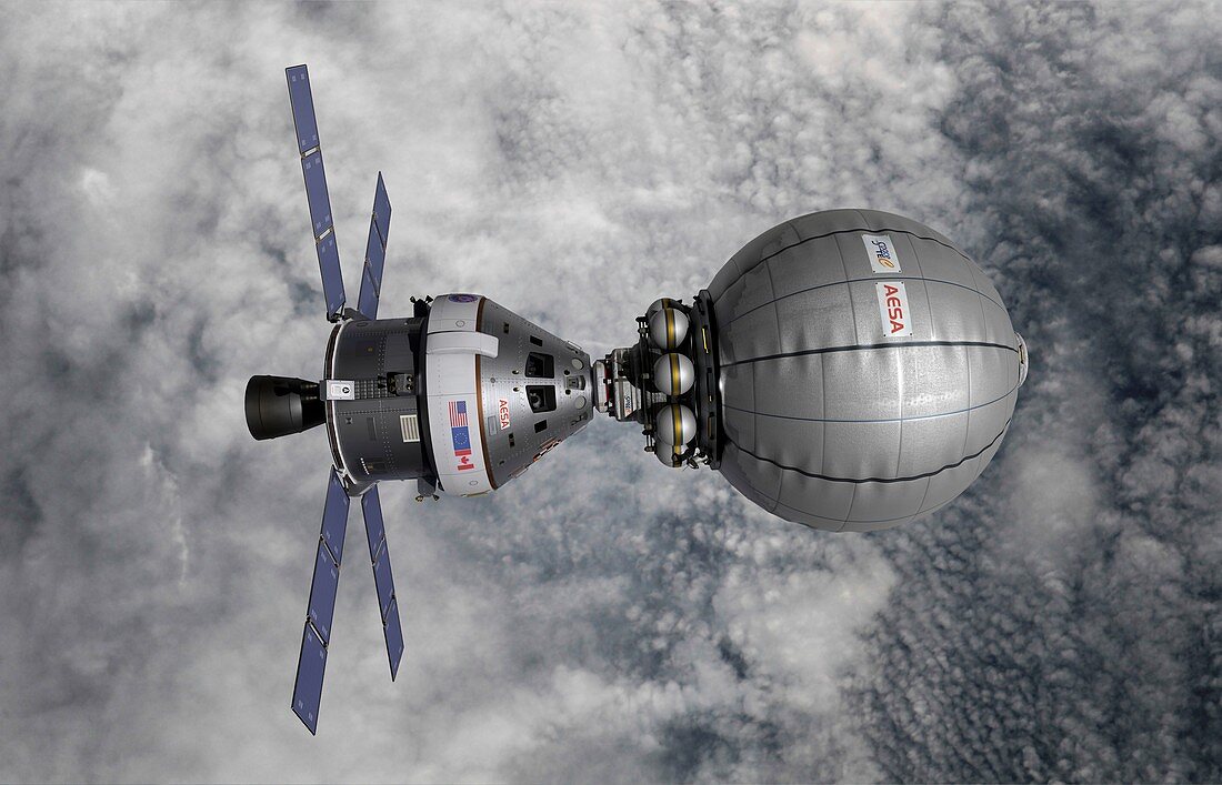 CEV docked with inflatable space habitat, illustration