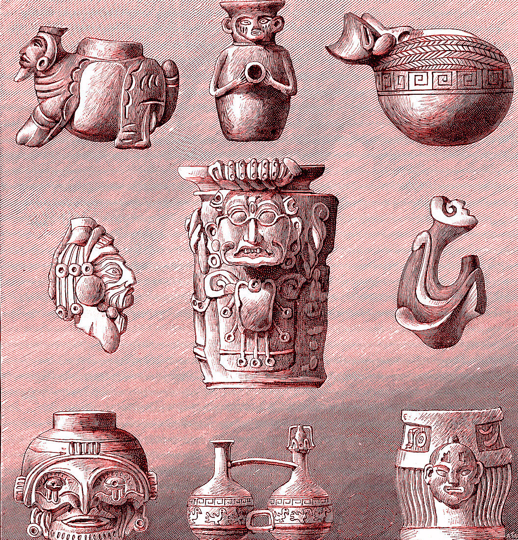 Pre-Colombian archaeological artifacts, 19th C illustration