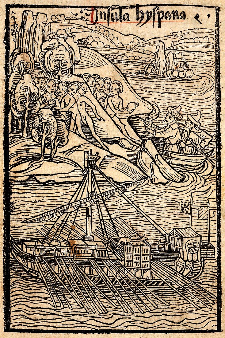 Columbus discovering Hispaniola, woodcut, 1494