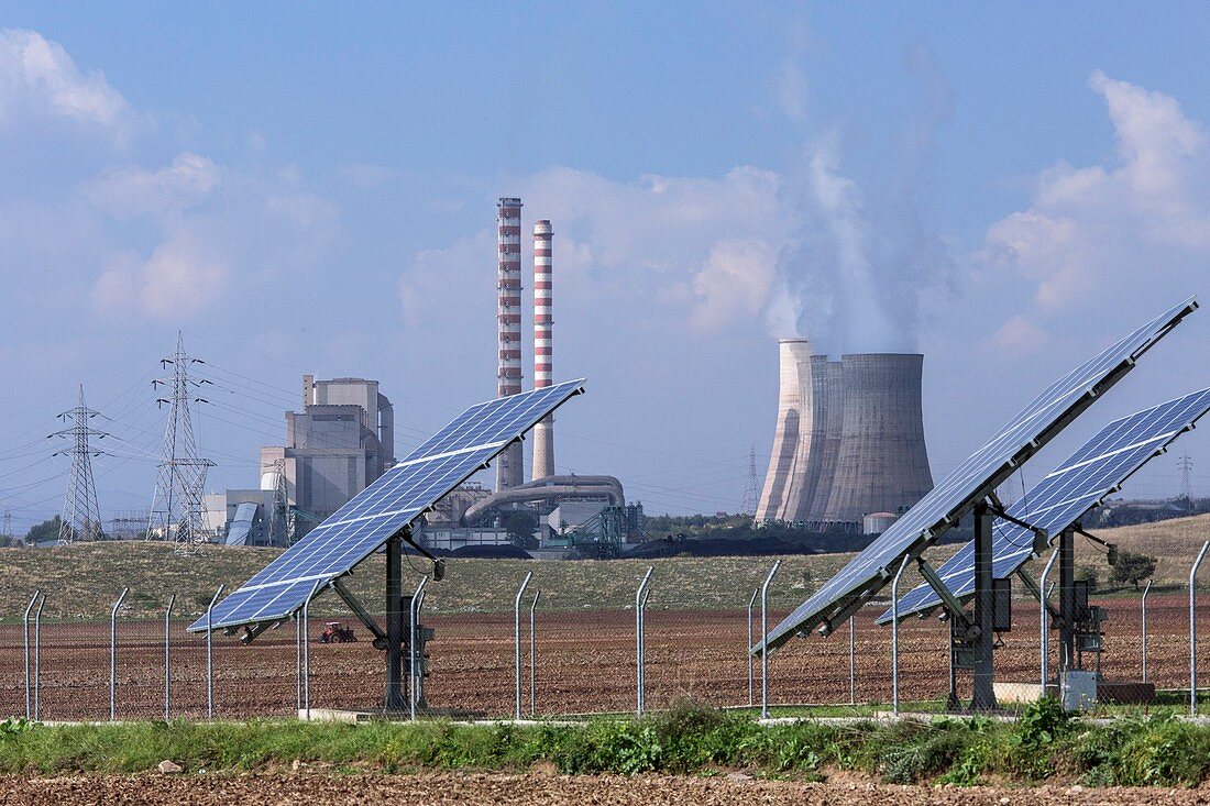 Solar panels and coal-fired power station, Greece