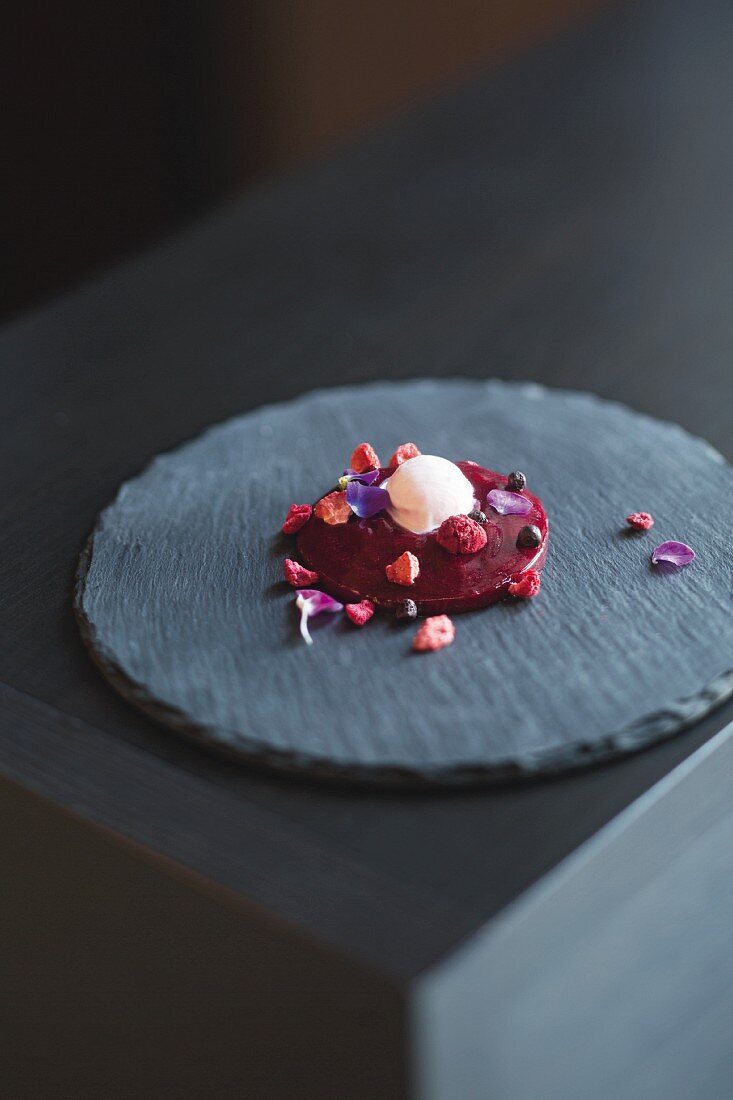 A beetroot dish at the 'Oleum' restaurant in Barcelona, Spain
