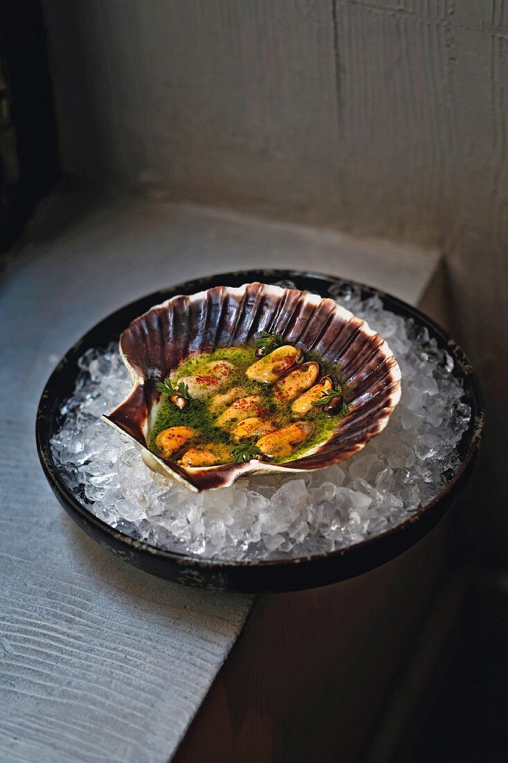 Ceviche with bouchot mussels at the 'Hoja Santa' restaurant in Barcelona, Spain