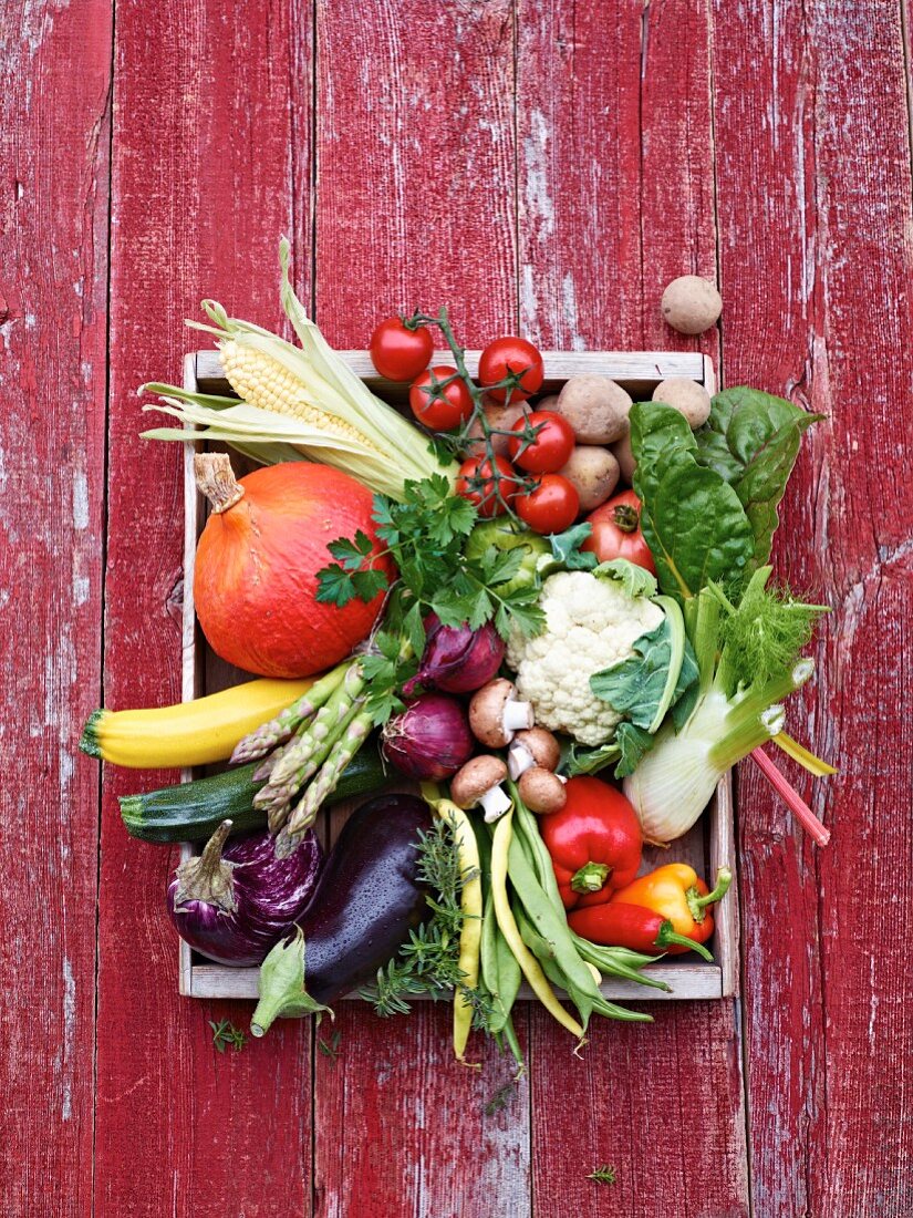 A vegetable crate with summer vegetables on a red wooden background