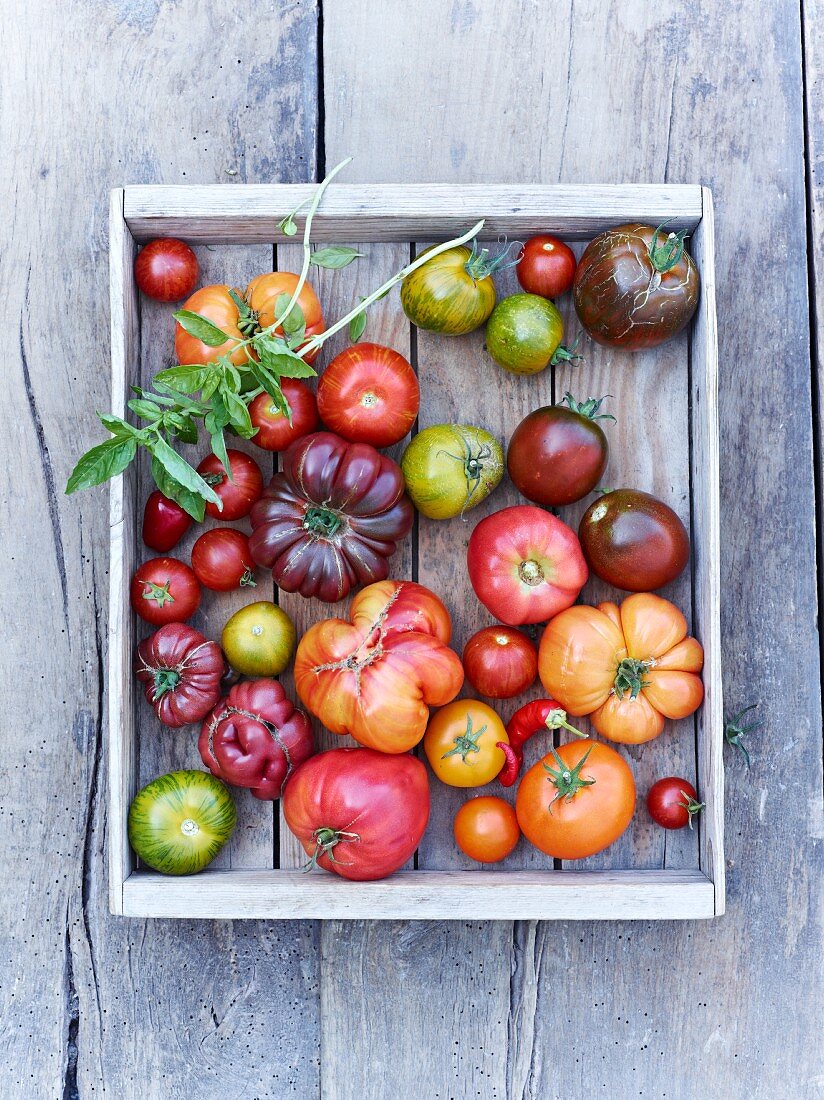 A crate of tomatoes on a wooden background (top view)