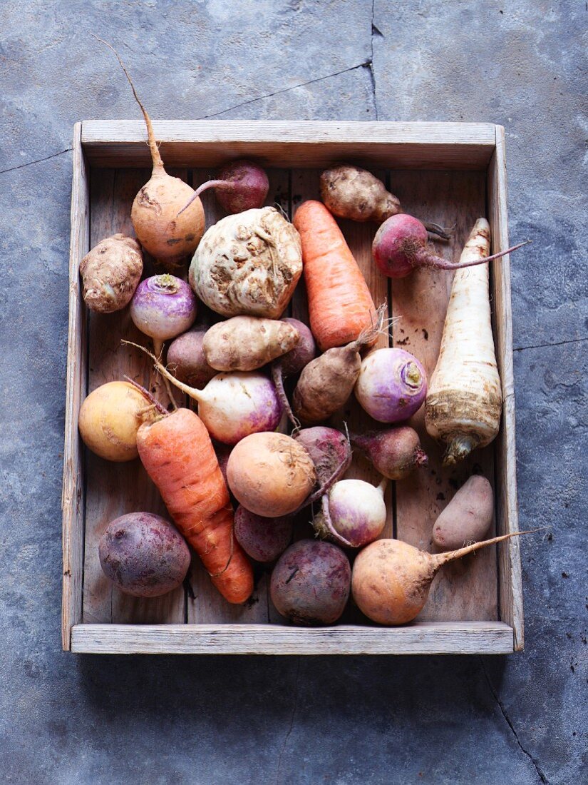 Various root vegetables in a tray