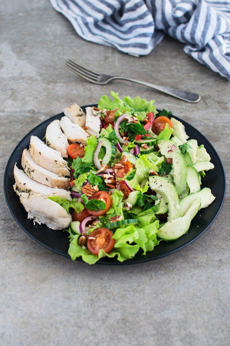 A vegetable salad with sliced chicken breast
