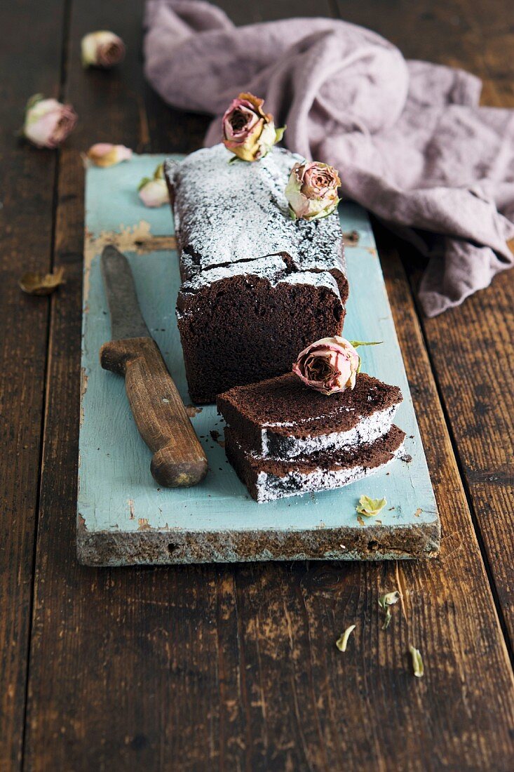 Chocolate cake with dried rose buds