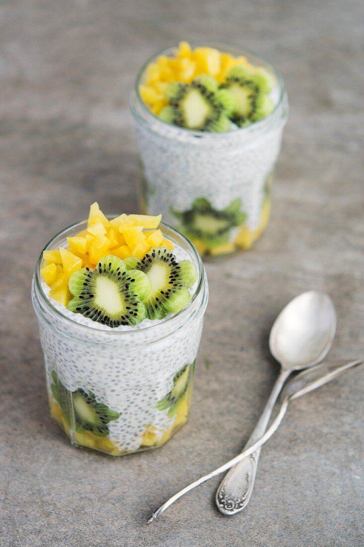 Chiapudding mit Griechischem Joghurt, Kiwi und Mango