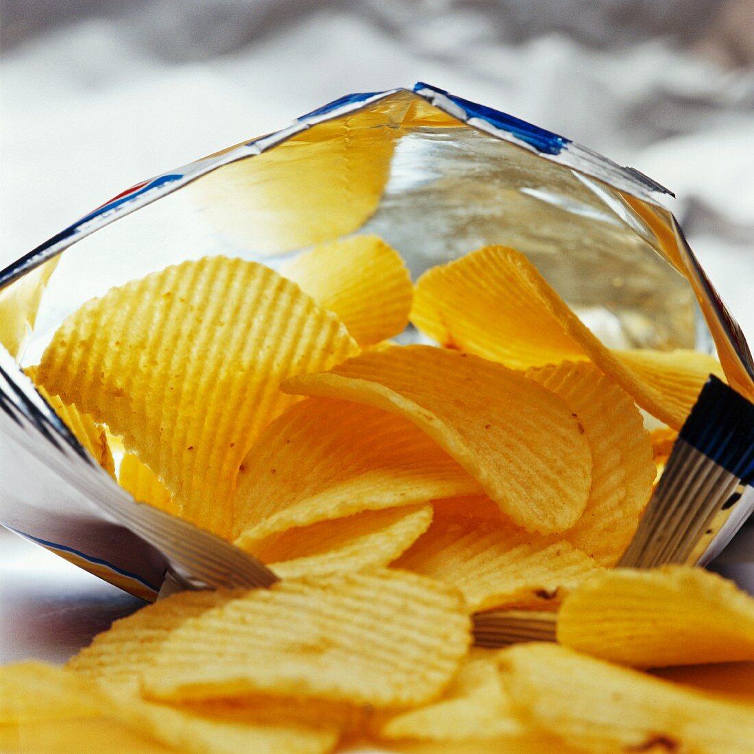 Ribbed potato chips packaged in a foil bag