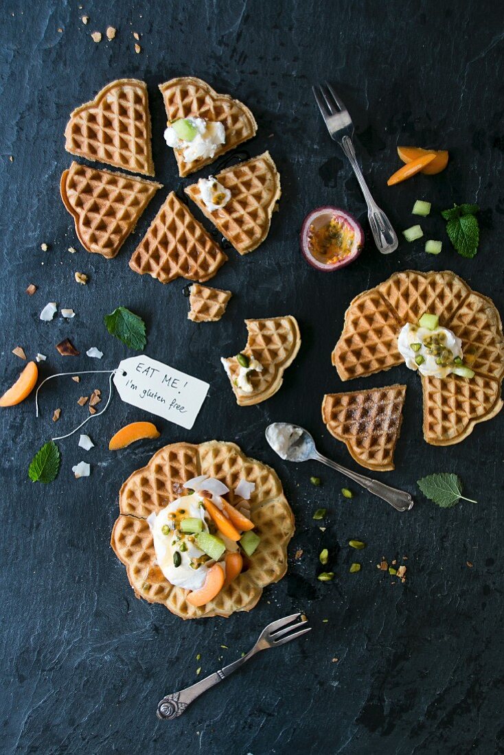Gluten-free waffles with pistachios and fruits