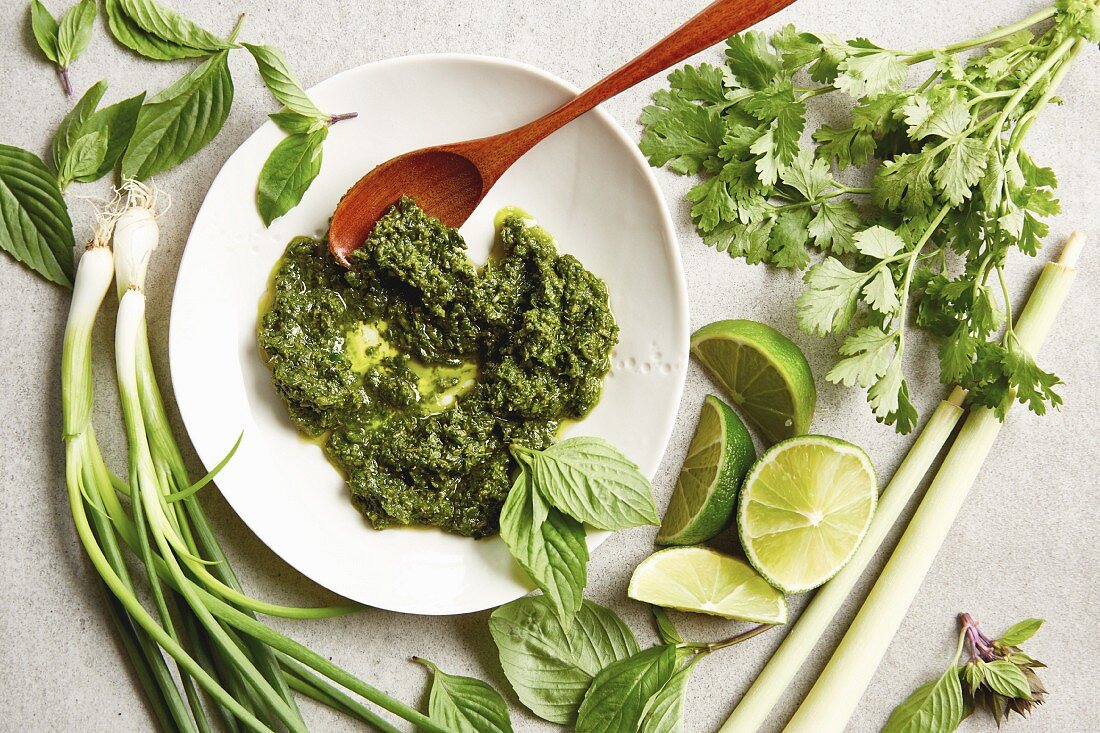 Asia pesto with coriander and Thai basil (seen from above)